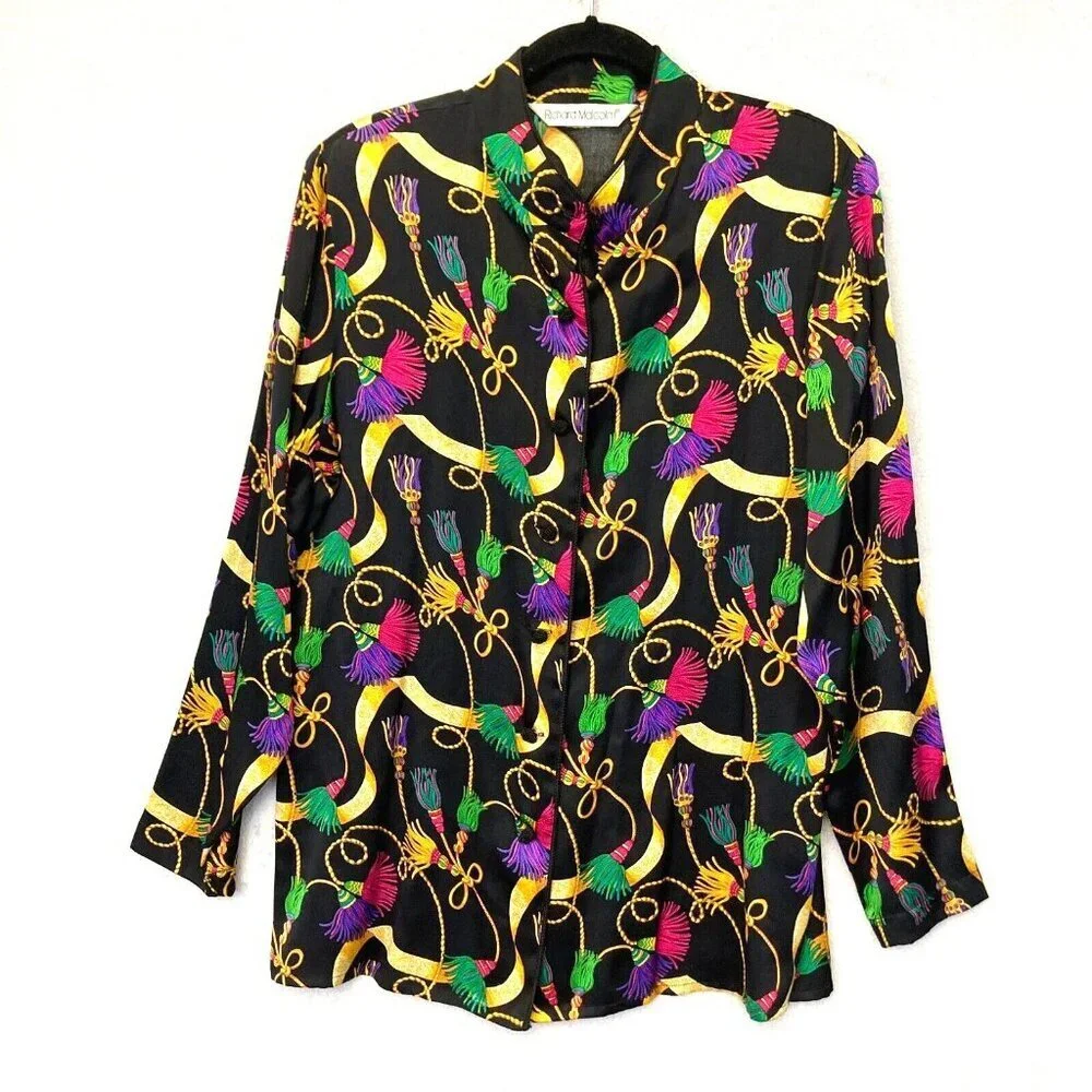 Vintage Richard Malcolm 100% Silk Blouse Sz 8 Asian Mandarin Collar Top Colorful - Picture 1 of 16